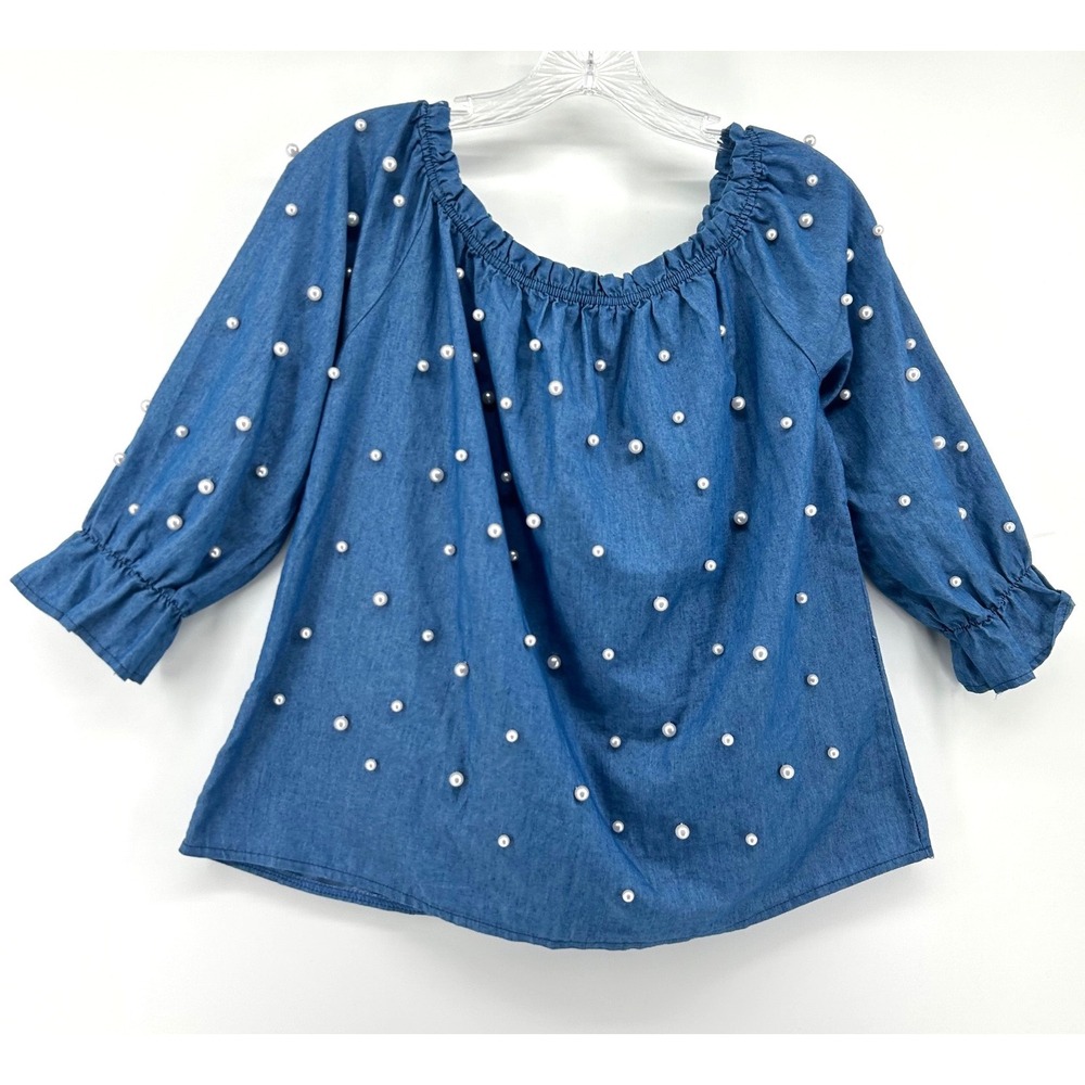 Womens‎ Blue Chambray Pearl Off The Shoulder Ruffle Sleeve Top L Feminine Casual